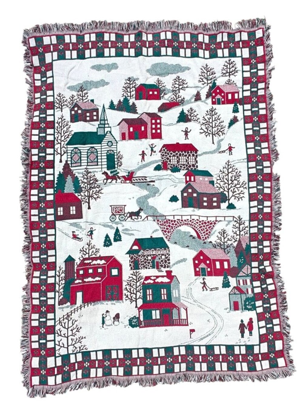 Vintage Goodwin Weavers Winter Scene Throw Blanket 64"x46" Reversible Cotton USA